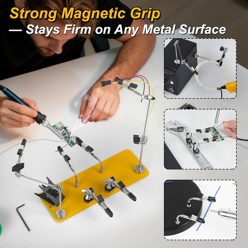 NOEVSBIG Helping Hands Soldering Station with Magnetic 6 Sturdy Flexible Arms, Compact and Stable Metal Base, Soldering Iron Holder,360° Fully Adjustable Clamp for Soldering, Electronics, PCB Repair - Image 2